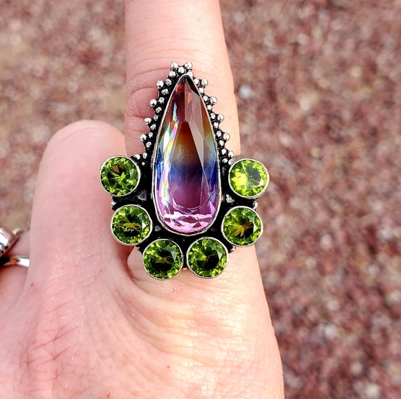 New Bi-Color Tourmaline & Peridot 925 Silver Ring. - Picture 11 of 12